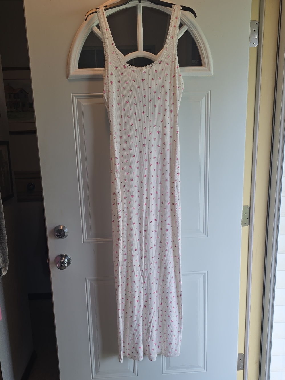 SKIMS White Maxi Sleep Dress with Pink Floral Dot Print